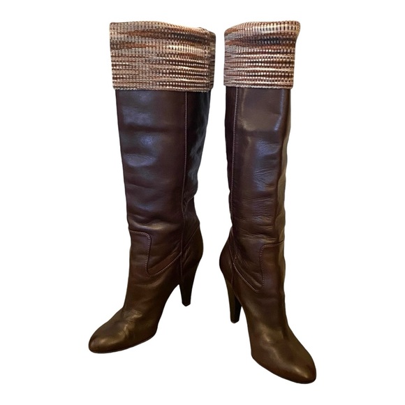 Missoni Brown Leather Boots Knit Striped Block Heel Knee High w/box 8.5 EU 38.5 - Picture 3 of 15